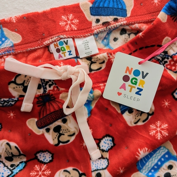 Novogratz Lounge Joggers Frenchie Winter Print Plush Elastic Waist Red M NWT - Picture 15 of 15